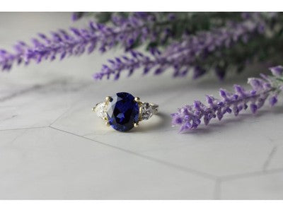925 Sterling Silver Sapphire & CZ Ring Size 5.5