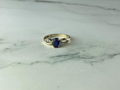 10K Yellow Gold Blue & White Sapphire Ring Size 6.75