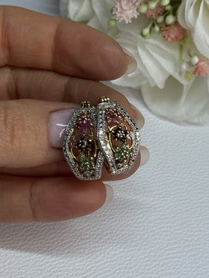 925 Sterling Silver Gold Plated Ruby Sapphire Emerald Earrings Length 0.95 Inch