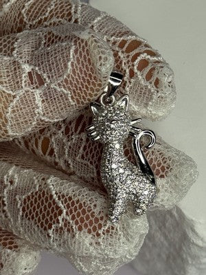 925 Sterling Silver Cat CZ Pendant Length 1.3 Inch