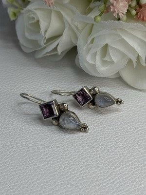 925 Sterling Silver Amethyst & Moonstone Earrings Length 1.30 Inch