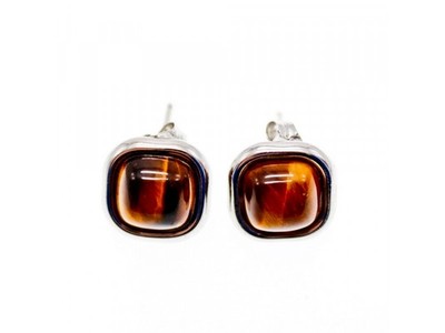 925 Sterling Silver Tiger'S Eye Stud Earrings