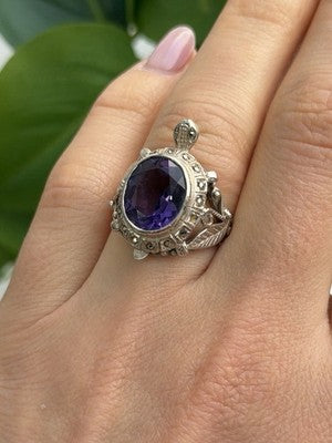 925 Sterling Silver Turtle Amethyst & Marcasite Ring Size 6