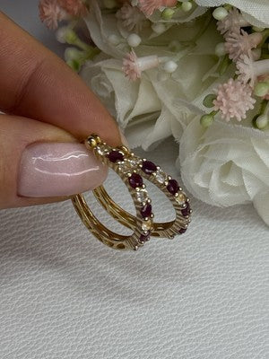 925 Sterling Silver Gold Plated Ruby & Beryl Earrings Length 1.10 Inch