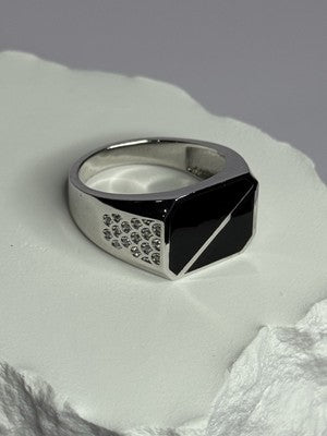 925 Sterling Silver Black Enamel & CZ Men's Ring Size 11