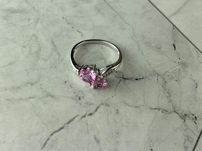 925 Sterling Silver Pink Topaz "Hearts" Ring Size 7