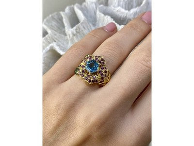 925 Sterling Silver Gold Plated Topaz, Peridot & Spinel "Flower" Ring Size 7.5