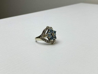 925 Sterling Silver Blue Topaz & Marcasites Ring Size 8