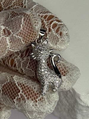 925 Sterling Silver Cat CZ Pendant Length 1.3 Inch