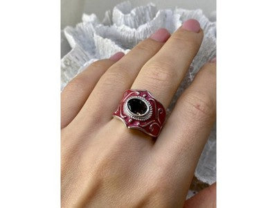 925 Sterling Silver Hessonite & Red Enamel Ring Size 9.5