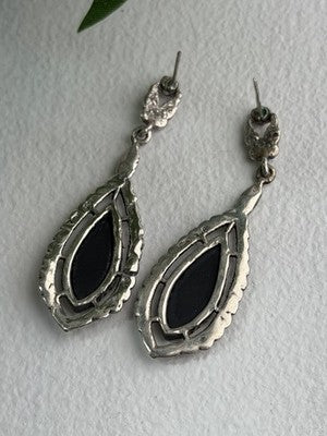 Elegant Vintage 925 Sterling Silver Onyx & Marcasite Earrings