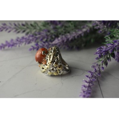 925 Sterling Silver Gold Plated Amber & Spessartine Ring Size 6.5