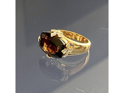 925 Sterling Silver Gold Plated Hessonite & Diamonds Ring Size 5.5