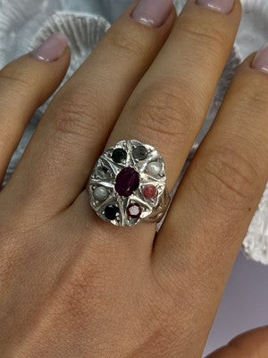 925 Sterling Silver Ruby & Multicolor Gemstones Ring Size 8