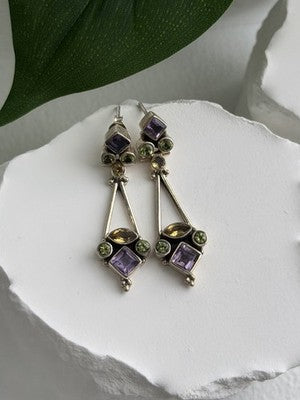 925 Sterling Silver Amethyst Peridot Citrine Earrings