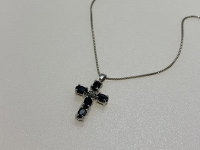 925 Sterling Silver Blue Spinel & Diamond Chain with Cross Italy