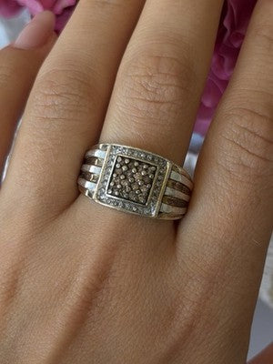 Mens 925 Sterling Silver White & Brown Tourmaline Ring Size 10.5