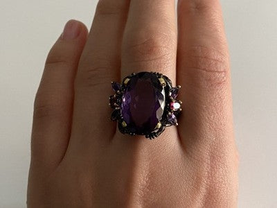 Blackened 925 Sterling Silver With Gilding Amethyst Ring Size 9