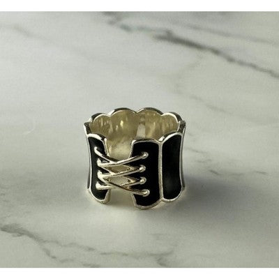 925 Sterling Silver Black Enamel "Corset" Ring Size 7