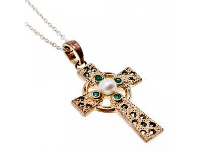 925 Sterling Silver Pearl, Emerald & Marcasites Chain with Cross