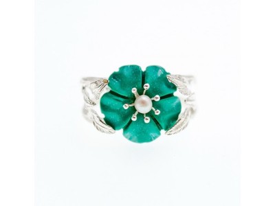 925 Sterling Silver Pearl & Enamel "Flower" Ring Size 10