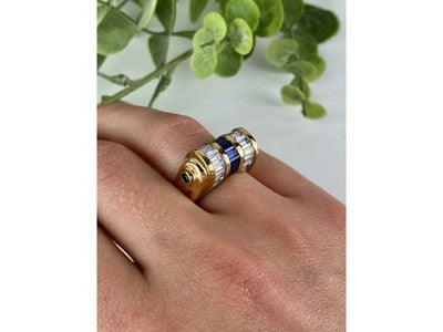 925 Sterling Silver Gold Plated Sapphires & CZ Ring Size 7