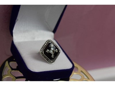 925 Sterling Silver Black Jade, Colorless Sapphire & Marcasite Ring Size 5.5