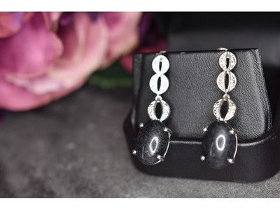 925 Sterling Silver Black Tourmaline & Clear Quartz Inlays Stud Earrings