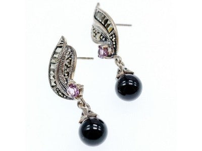 925 Sterling Silver Nephrite, Amethyst & Marcasites Earrings