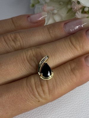 10K Yellow Gold Black Sapphire & Diamonds Pendant Length 0.60 Inch