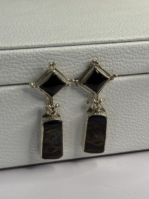 925 Sterling Silver Abalone & Onyx Earrings Length 1.50 Inch