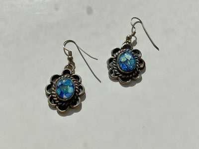 Vintage 925 Sterling Silver Mosaic Opal Earrings