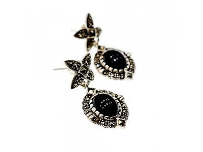Vintage 925 Sterling Silver Onyx & Marcasites Earrings