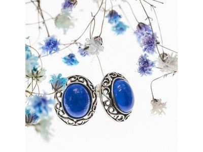 Vintage 925 Sterling Silver Blue Agate Stud Earrings