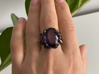 Blackened 925 Sterling Silver With Gilding Amethyst Ring Size 9