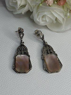 Vintage 925 Sterling Silver Abalone Earrings Length 2 Inch