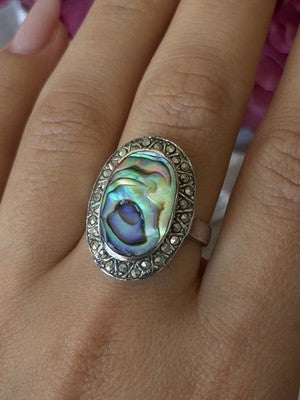 Vintage 925 Sterling Silver Abalone & Marcasite Ring Size 9