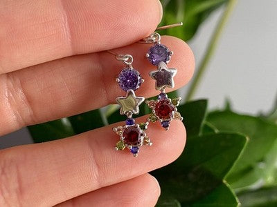 Dangle Earrings with Multicolor CZ  "Flowers & Stars"