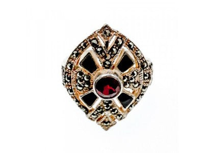 925 Sterling Silver Spessartine, Black Nephrite & Marcasites Ring Size 6.5