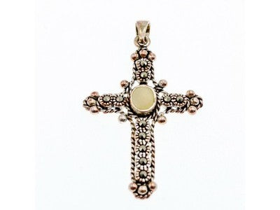 925 Sterling Silver Mother Of Pearl & Marcasites Cross Pendant