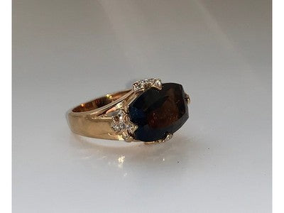 925 Sterling Silver Gold Plated Hessonite & Diamonds Ring Size 5.5