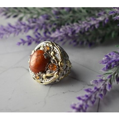 925 Sterling Silver Gold Plated Amber & Spessartine Ring Size 6.5