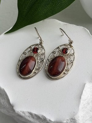 925 Sterling Silver Amber & Garnet Earrings