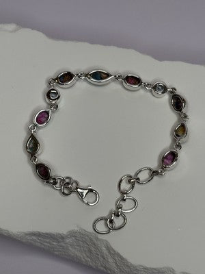 925 Sterling Silver Oyster Turquoise & Topaz Bracelet Length 6-8 Inch