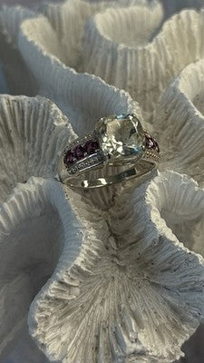 925 Sterling Silver Cushion-Cut Aquamarine & Pink Tourmaline Ring Size 9