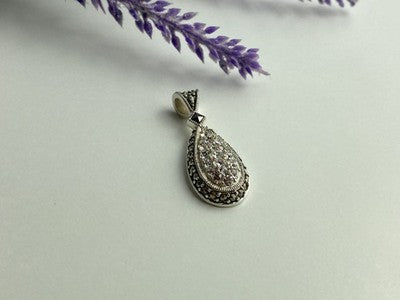 925 Sterling Silver CZ & Marcasite Drop Pendant
