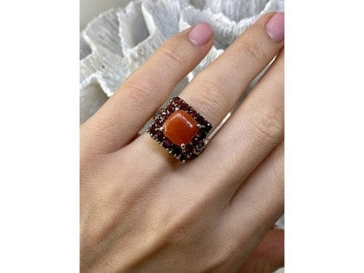 925 Sterling Silver Amber & Garnet Ring Size 8.5
