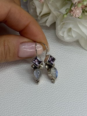 925 Sterling Silver Amethyst & Moonstone Earrings Length 1.30 Inch