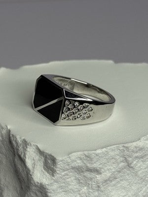 925 Sterling Silver Black Enamel & CZ Men's Ring Size 11