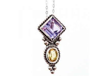 925 Sterling Silver Amethyst & Citrine Chain With Pendant Italy